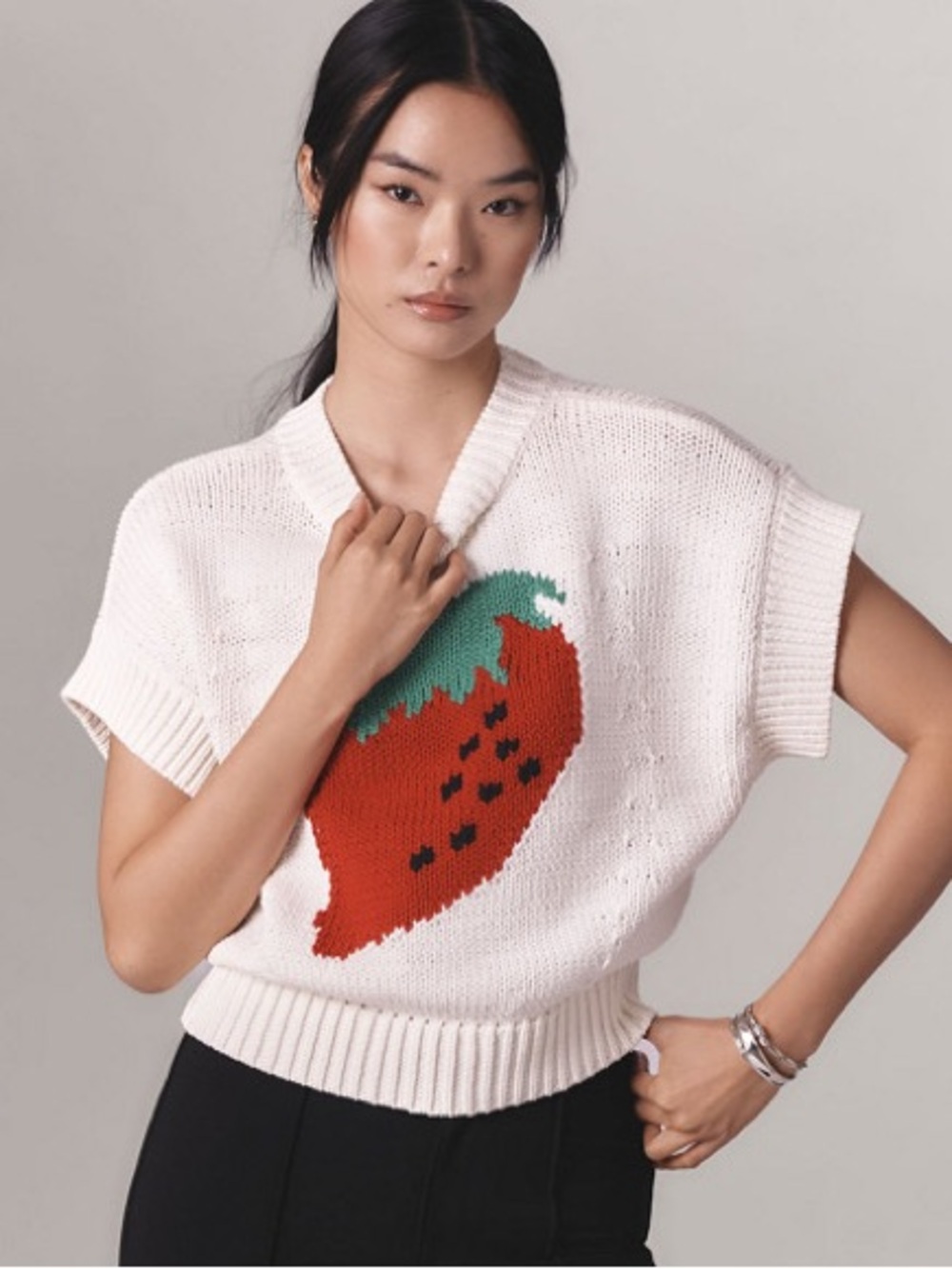 Anthropologie Maeve The Pippa Cap-Sleeve Strawberry Graphic Sweater